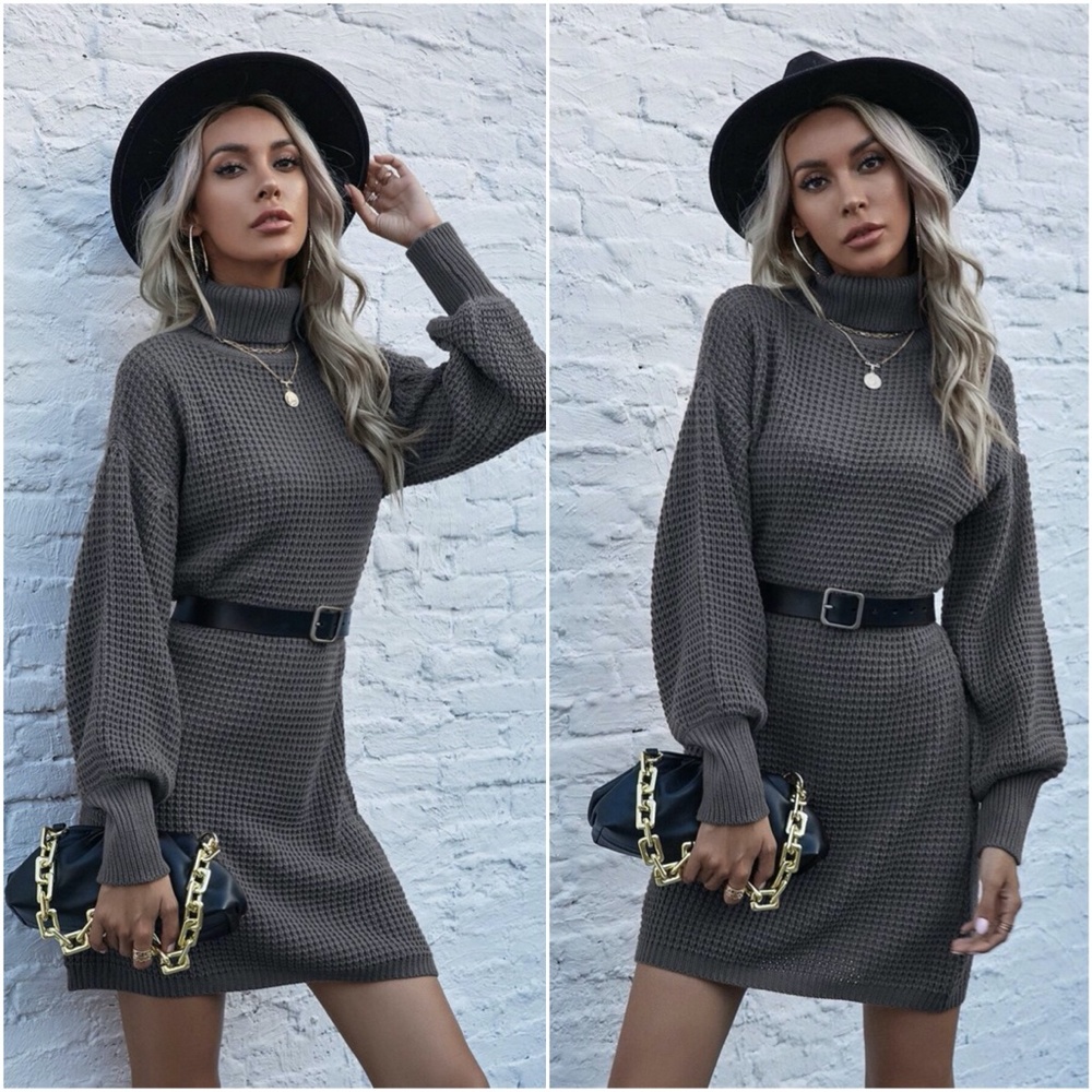 Green turtleneck lantern sleeve sweater Knit Dress - Picture 3 of 12